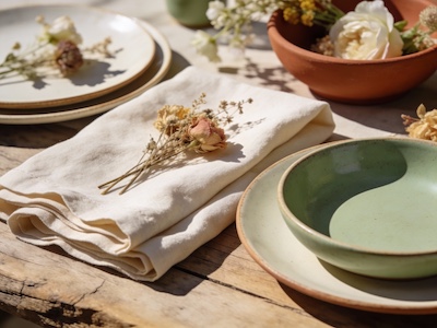 Table dressée en extérieur dans un mas provençal, vaisselle en grès et fleurs sauvages locales